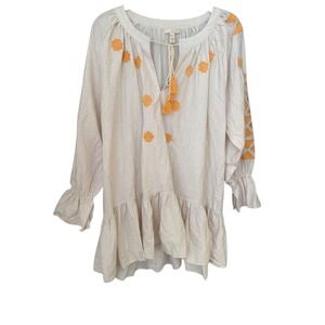 Evy's Tree The Jolene Tunic Embroidered Linen Boho Tassel Cream Yellow 1X Women